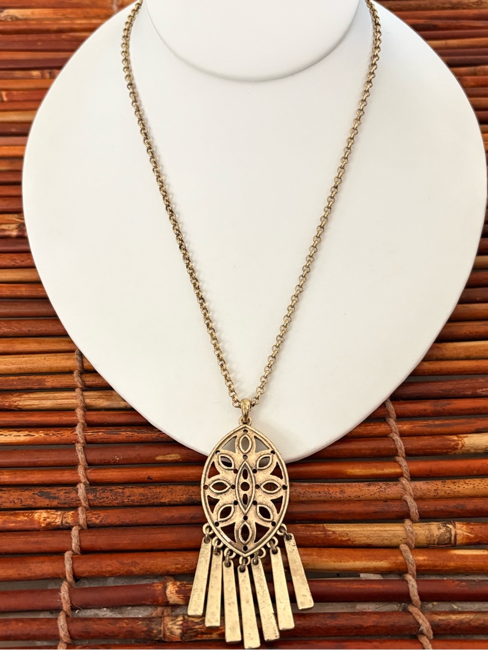 Gold-Tone Filigree Medallion Necklace with Fringe 28”